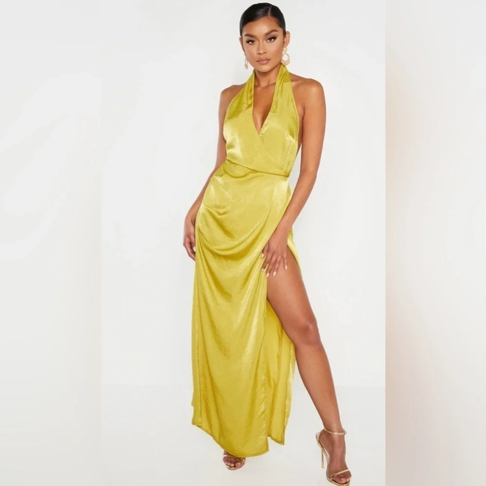Pretty Little Thing Light Lime Hammered Satin Halterneck Maxi Dress Sz 10 - Picture 1 of 8